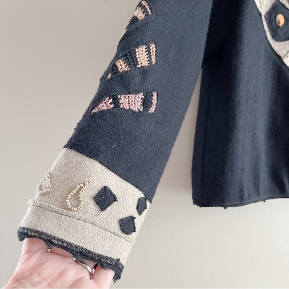 Sandy Starkman Vintage 80’s Wool Patchwork Art to Wear Crop Jacket Black Tan, S - Picture 7 of 10